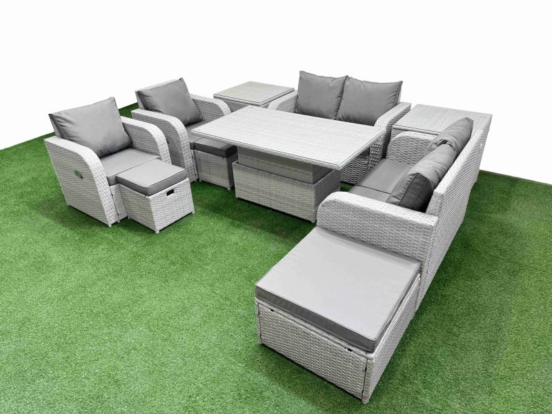 Fimous 9 Seater Outdoor Reclining Chair Love Sofa Set Rattan Garden Furniture Set with Adjustable Lifting Dining or Coffee Table 3 Stools 2 Side Table Light Grey