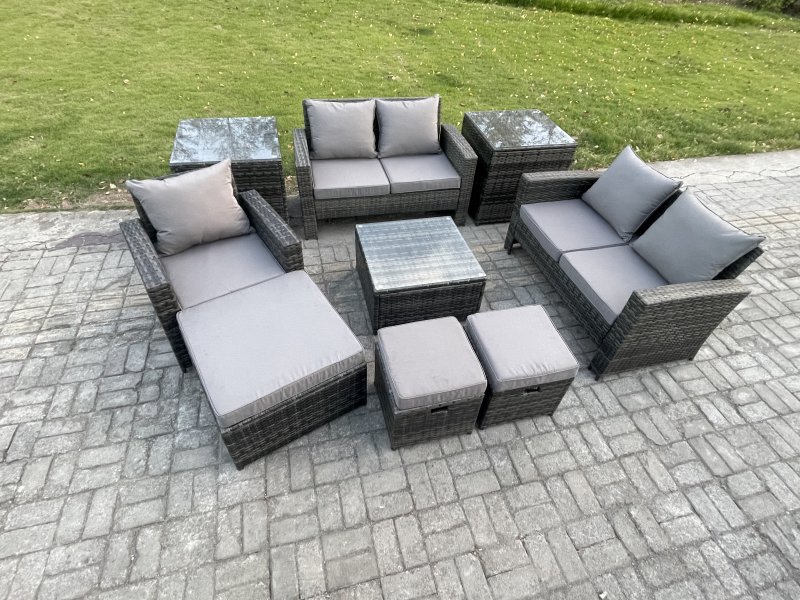 Fimous 8 Seater Outdoor Rattan Garden Furniture Set Conservatory Patio Sofa Coffee Table Set with Chair 2 Side Tables 3 Footstools Dark Grey Mixed