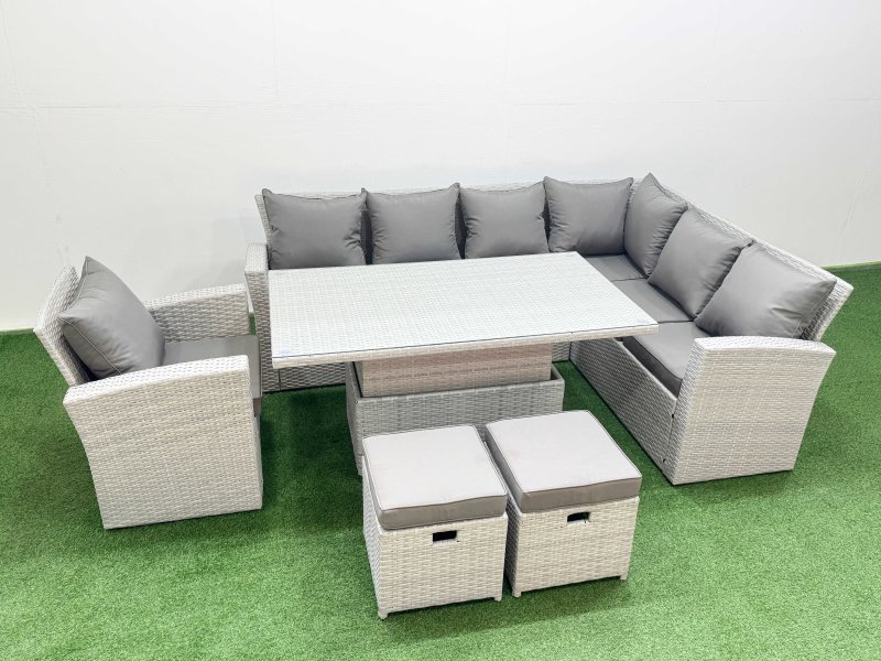 Fimous 9 Seat Rattan Garden Furniture Corner Sofa Set Outdoor Adjustable Lifting Dining or Coffee Table Set with 2 Small Footstools Light Grey