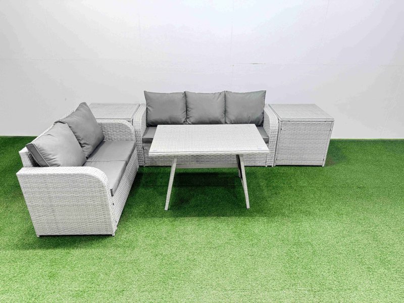 Fimous Outdoor PE Rattan Garden Furniture Set Rectangular Dining Table Sofa Set with 2 Side Tables Light Grey