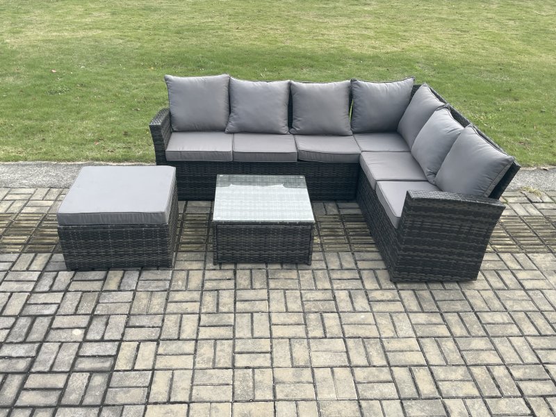 Fimous Rattan Garden Furniture Set Outdoor Lounge Corner Sofa Set With Square Coffee Table Big Footstool 7 Seater Dark Grey Mixed