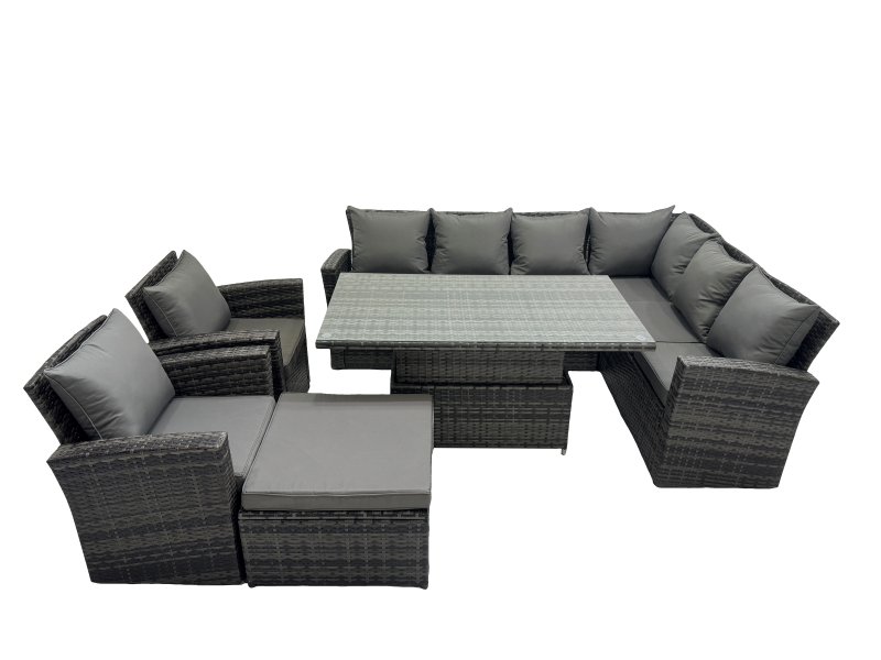 Fimous 9 Seat Rattan Garden Furniture Corner Sofa Set Outdoor Adjustable Lifting Dining or Coffee Table Set with Big Footstool Dark Grey Mixed