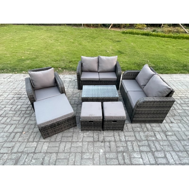 Fimous High Back Rattan Garden Furniture Set with Loveseat Sofa Rectangular Coffee Table 3 Footstools Indoor Outdoor Patio Lounge Sofa Set Dark Grey Mixed