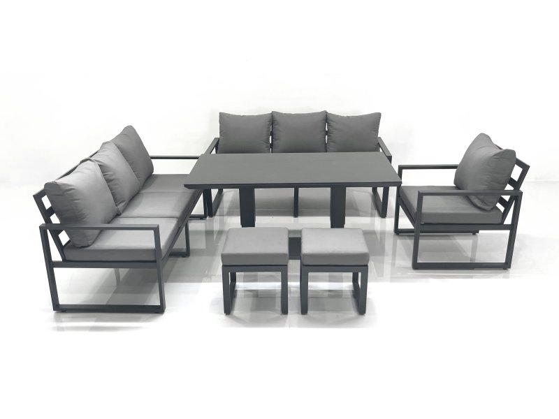 Fimous Outdoor Garden Furniture Set Aluminium Lounge Sofa Adjustable Rising Lifting Dining Table Sets with 2 Small Footstools Dark Grey