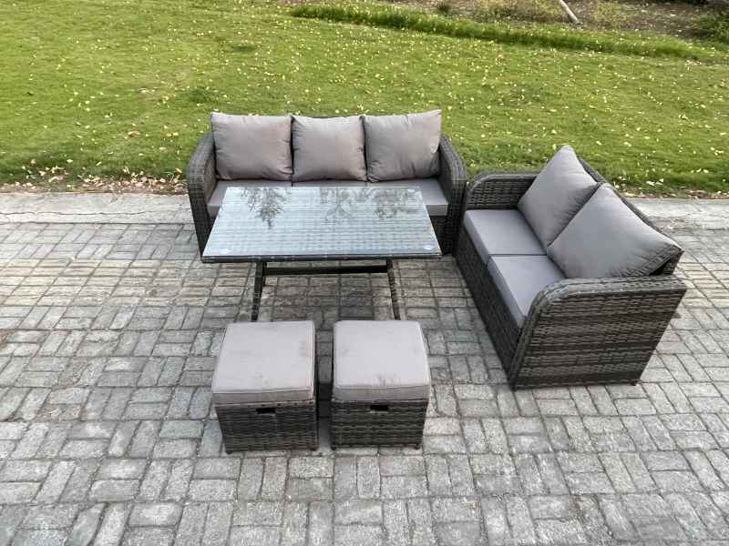 Fimous High Back PE Rattan Sofa Set Outdoor Garden Furniture Dining Table Set Love Sofa 3 Seater Sofa 2 Small Footstool