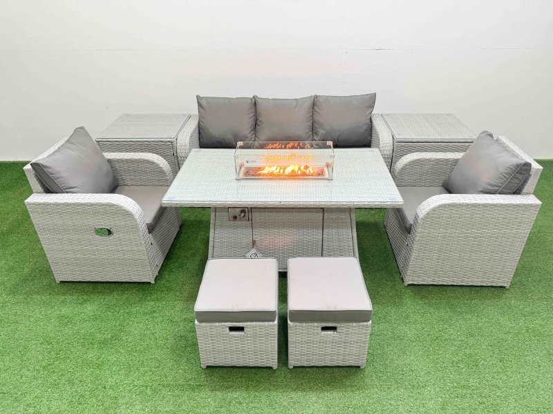 Fimous PE Rattan Garden Furniture Set Reclining Chair Sofa Lounge Sofa Set Firepit Dining Table 2 Side Table 2 Small Stools Light Grey