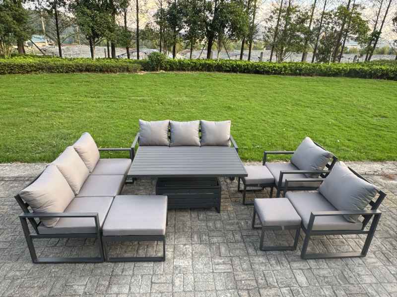 Fimous Garden Aluminium Furniture Set Dark Grey 10 Seater Outdoor Patio Adjustable Rising Lifting Dining Table with 2 Big Footstools 2 Side Tables Dark Grey