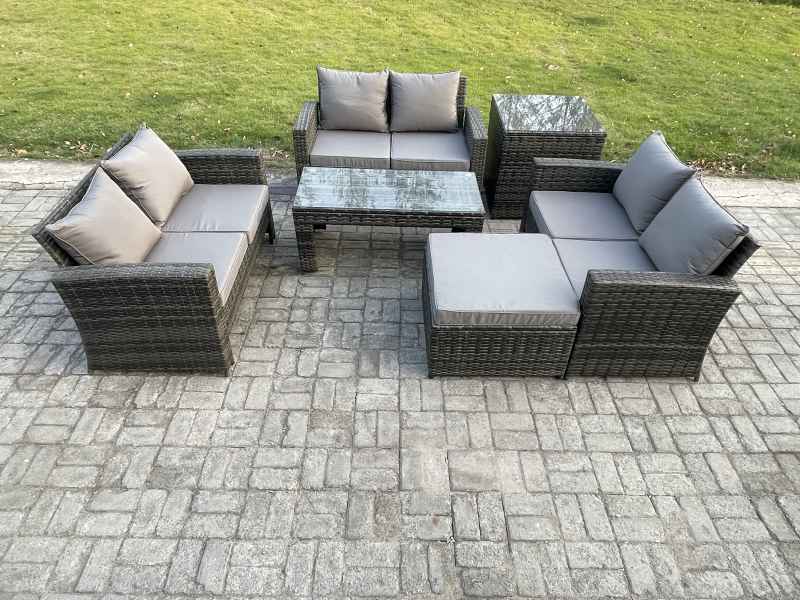 Fimous 7 Seater Rattan Wicker Garden Furniture Patio Conservatory Sofa Set with Coffee Table Double Seater Sofa Big Footstool Side Table
