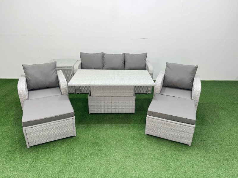 Fimous PE Rattan Garden Furniture Set Reclining Chair Sofa Lounge Sofa Set Adjustable Lifting Dining or Coffee Table Side Table 2 Big Footstool Light Grey