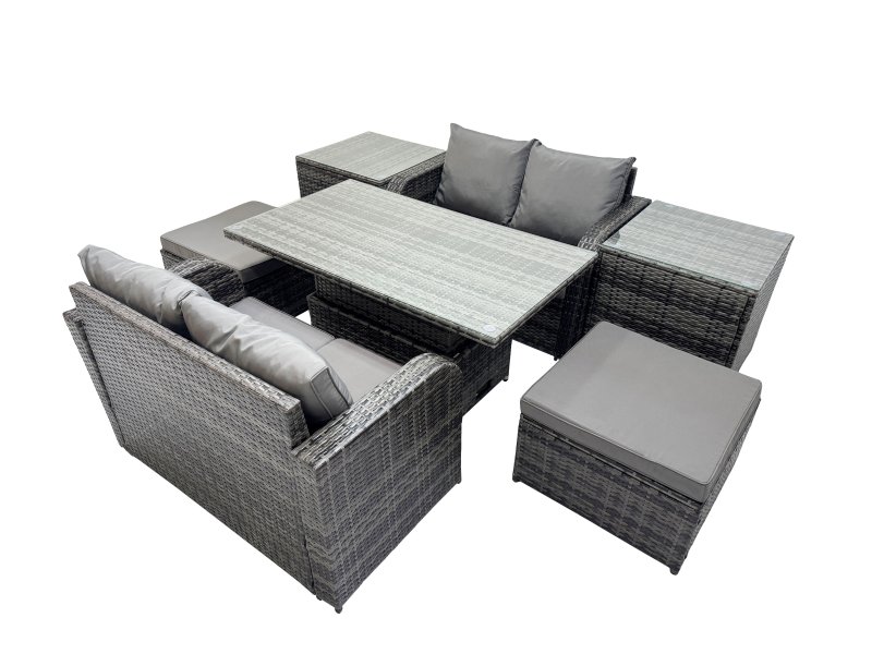 Fimous 6-seater Patio Height Adjustable Rising Lifting Table Sofa Sets Rattan Garden Furniture Dining Set with 2 Big Stools 2 Side Tables Dark Grey Mixed