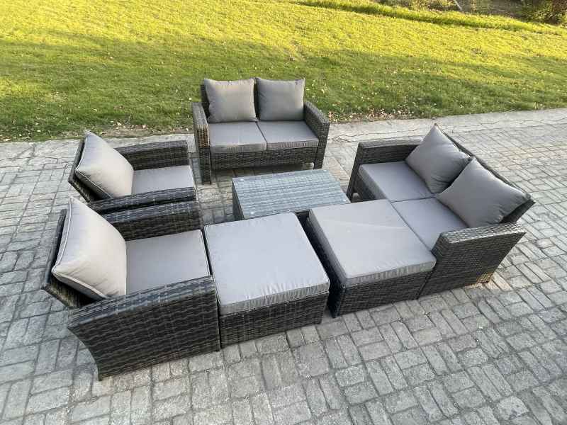 Fimous Outdoor Rattan Garden Furniture Set 8 Seater Patio Lounge Sofa Set with Coffee Table 2 Big Footstool Dark Grey Mixed