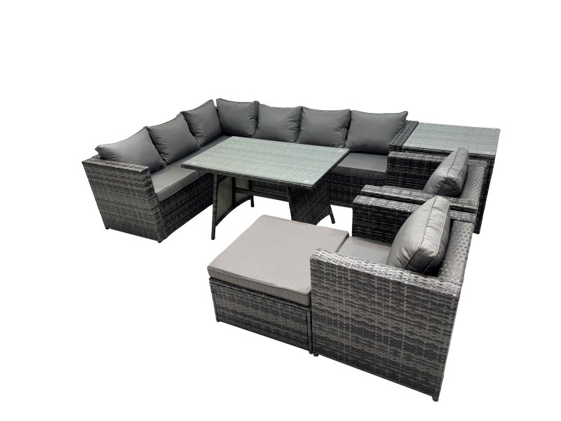 Fimous 9-seater Outdoor PE Rattan Sofa Set with Dining Table Patio Garden Furniture Sets with 2 Chair Big Stool Side Table Dark Grey Mixed