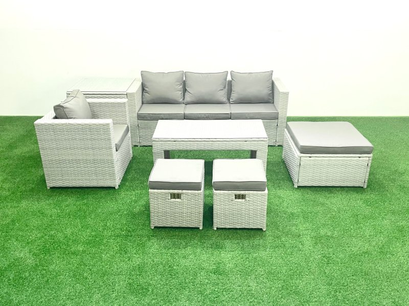Fimous Rattan Garden Furniture Set Outdoor Lounger Sofa with Coffee Table 3 Footstools Side Table Light Grey Mixed
