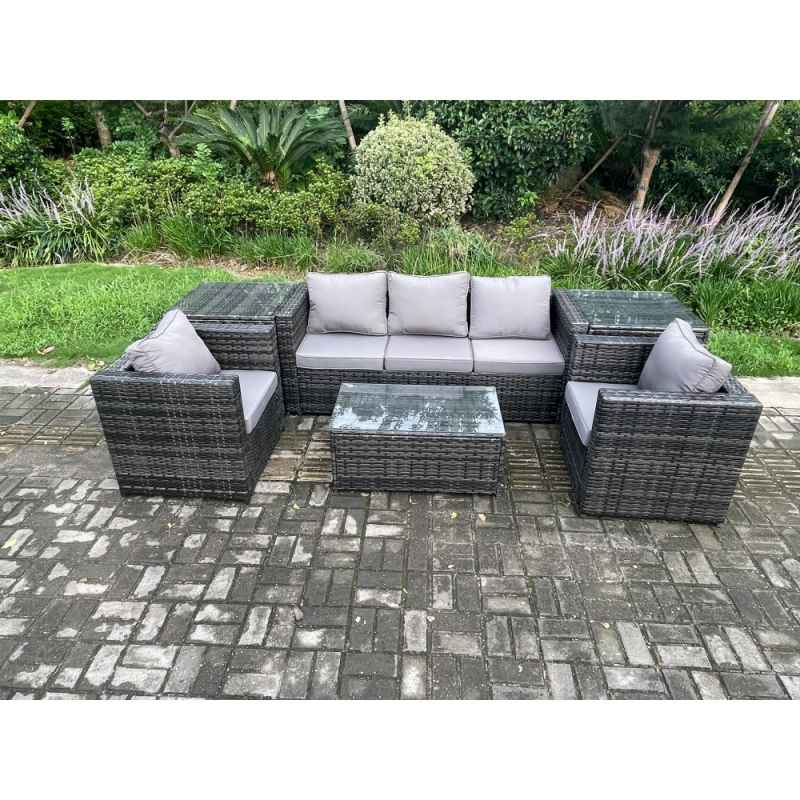 Fimous Rattan Garden Furniture Set with 3 Seater Sofa Coffee Table 2 Side Tables 2 Armchairs Indoor Outdoor Patio Lounge Sofa Set Dark Grey Mixed