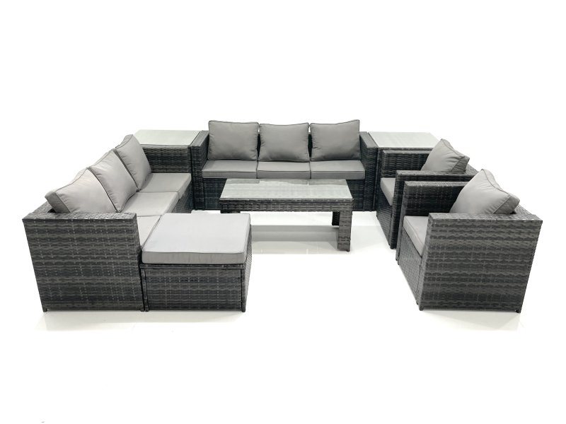Fimous Rattan Garden Furniture Sofa Set with Coffee table Armchair 2 Side Tables Big Footstool Dark Grey Mixed