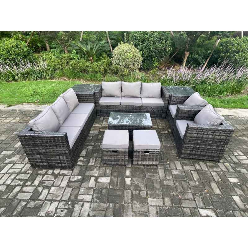 Fimous Outdoor Lounge Sofa Set Wicker PE Rattan Garden Furniture Set with 2 Armchairs Oblong Coffee Table 2 Side Tables 2 Small Footstools Dark Grey Mixed