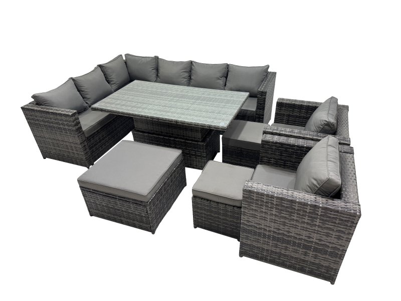 Fimous 11-seater Height Adjustable Rising Lifting Table Corner Sofa Set Rattan Garden Furniture Dining Set with 3 Stool Dark Grey Mixed