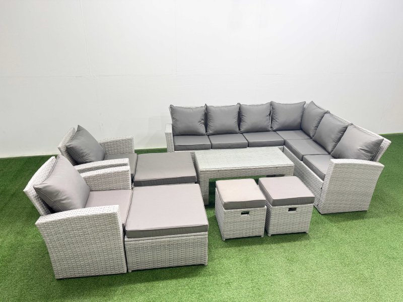 Fimous Rattan Garden Furniture Set 9 Pieces Outdoor Garden Sofa Oblong Coffee Table Set with 2 Chairs 4 Footstools Light Grey Mixed