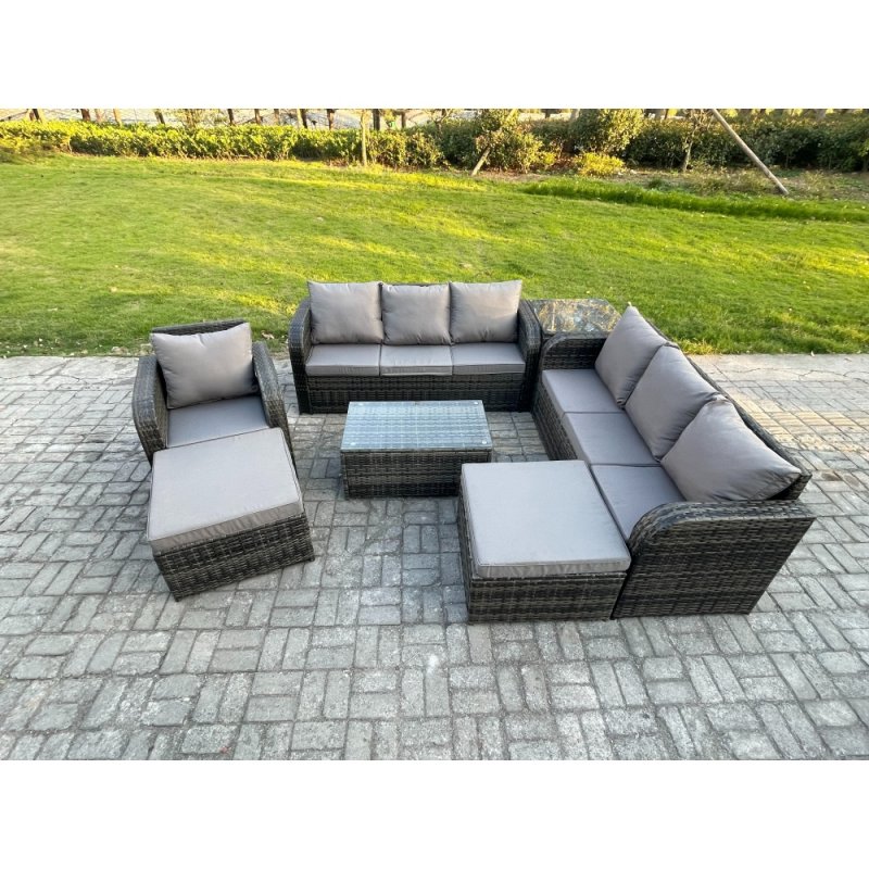 Fimous 9 Seater Rattan Lounge Sofa Set Outdoor Garden Furniture Set with Rectangular Coffee Table 3 Seater Sofa 2 Big Footstool Side Table Dark Grey Mixed