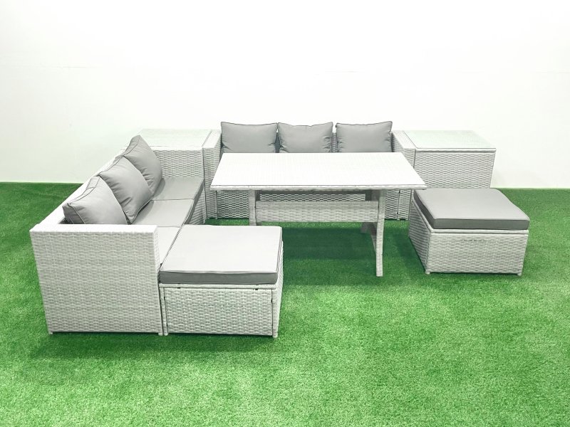 Fimous Rattan Garden Furniture Set 8 Seater Outdoor Sofa Set with Dining Table 2 Side Tables 2 Big Footstools Light Grey Mixed