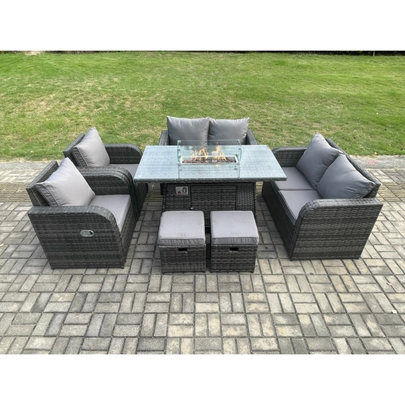 Fimous Rattan Outdoor Garden Furniture Sofa Set Gas Fire Pit Dining Table Gas Heater with Love Sofa 2 Small Footstool 8 Seater Dark Grey Mixed