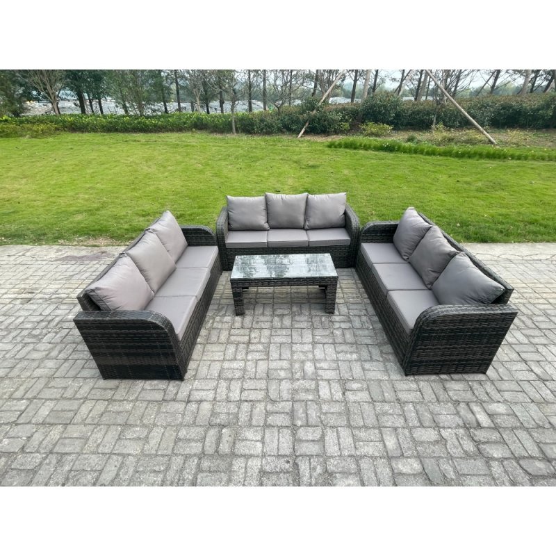 Fimous Outdoor Lounge Sofa Set 9 Seater Rattan Garden Furniture Set with Rectangular Coffee Table 3 Seater Sofa Dark Grey Mixed