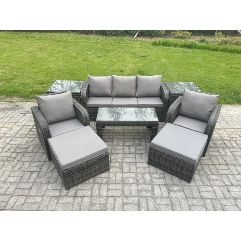 Fimous Rattan Garden Furniture Set with Rectangular Coffee Table 2 Side Tables 2 Big Footstool 7 Seater Patio Outdoor Lounge Sofa Set