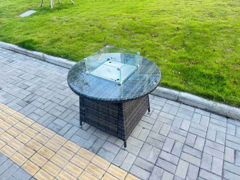 Fimous 5-Piece PE Rattan Garden Furniture with Medium Round Gas Firepit Table and 4 Chairs for Patio Dark Grey Mixed