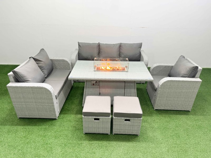 Fimous Patio PE Wicker 8 Seater Outdoor Rattan Furniture Sofa Sets with Firepit Dining Table Reclining Chair Loveseat Sofa 3 Seater Sofa Stool Light Grey