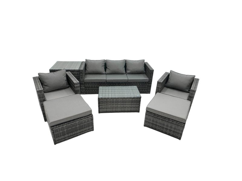 Fimous Rattan Garden Furniture Dining Set 7-seater Patio Coffee Table Sofa Set with Side Table 2 Armchair 2 Big Footstools Dark Grey Mixed