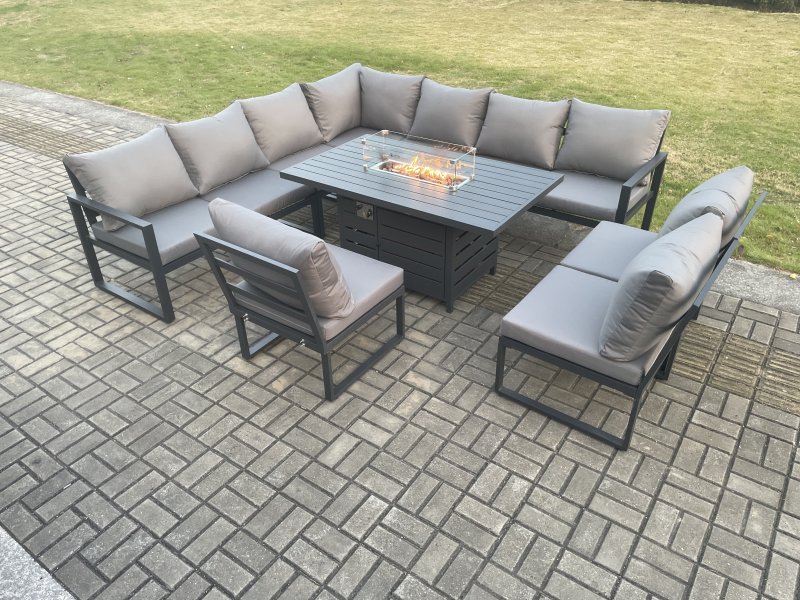 Fimous Aluminium 10 Seater Lounge Corner Sofa Outdoor Garden Furniture Sets Gas Fire Pit Dining Table Set Dark Grey