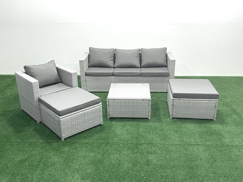 Fimous Garden Outdoor Furniture Set 6 Seater Rattan Sofa Set with 2 Big Footstools Armchair Light Grey Mixed