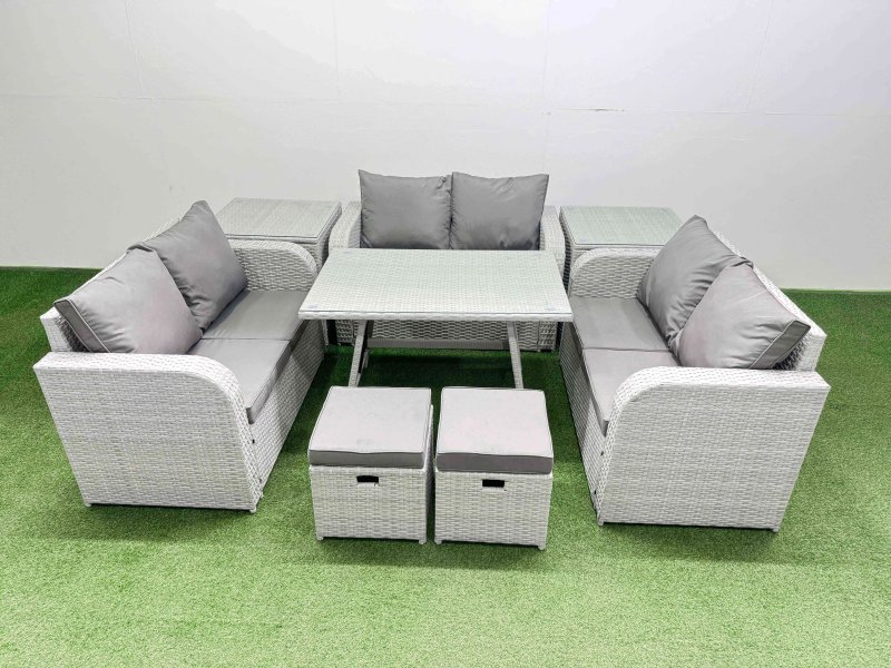 Fimous Rattan Garden Furniture Dining Set 8-seater Patio Rectangular Table Love Sofa Set with 2 Side Tables 2 Small Stools