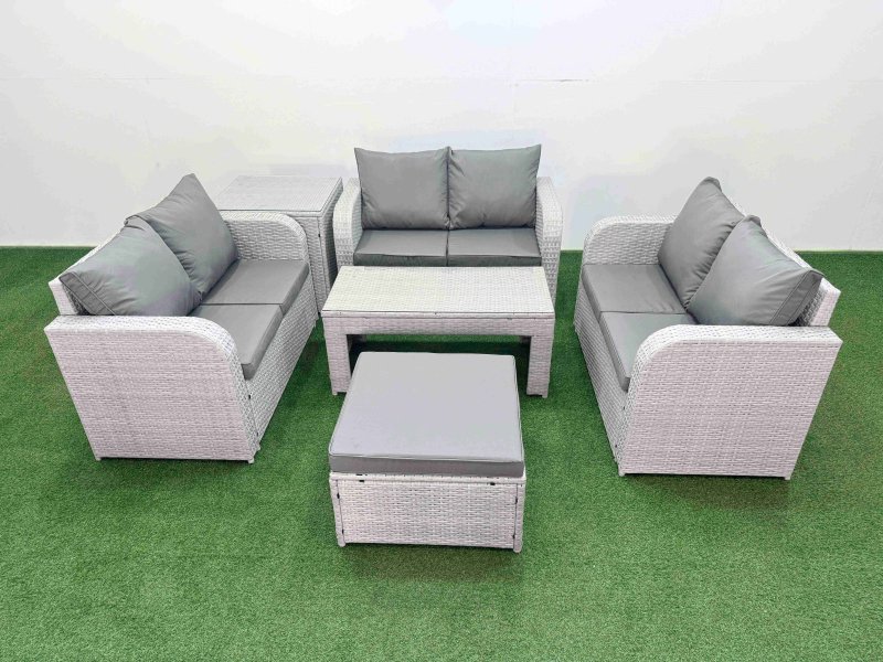 Fimous 7 Seater PE Wicker Rattan Furniture Sofa Sets with Oblong Coffee Table 2 Seater Love Sofa Big Footstool Side Table Light Grey