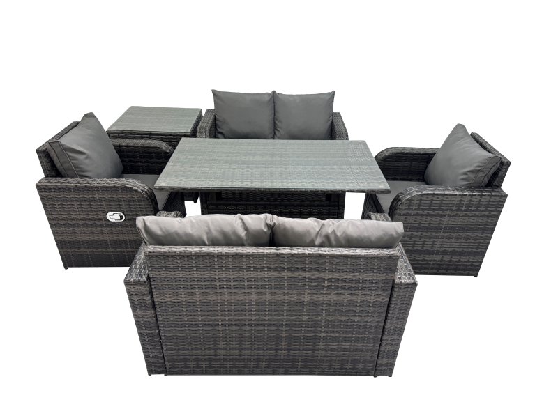 Fimous 6 Seat Outdoor Wicker PE Rattan Garden Furniture Set Dining Table Sofa Sets with Side Table Dark Grey Mixed