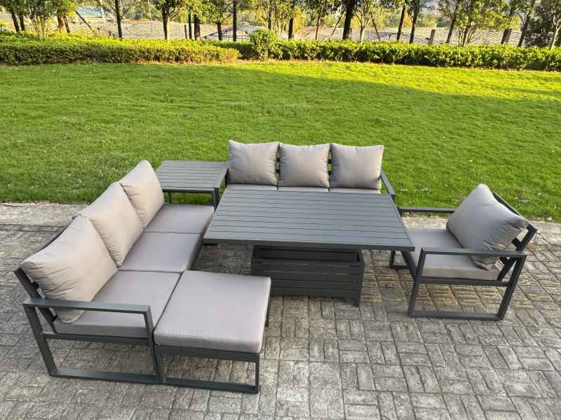 Fimous Aluminium Garden Furniture Sets,8 Seater Outdoor Sofa Dining Set with Adjustable Rising Lifting Dining Table Big Footstool for Yard,Poolside, Patio, Dark Grey