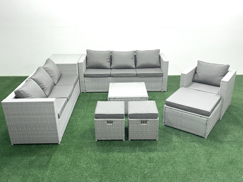 Fimous Wicker PE Rattan Sofa Garden Furniture Set with Armchair Square Coffee Table 3 Footstools Side Table Light Grey Mixed