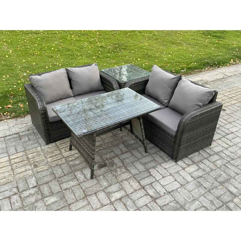 Fimous Outdoor Garden Furniture Sets 4 Pieces Wicker Rattan Furniture Sofa Sets with Rectangular Dining Table Love Sofa Side Table