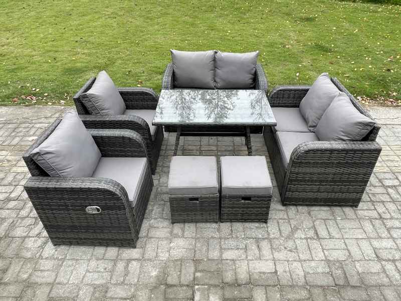 Fimous Wicker PE Rattan Garden Dining Set Outdoor Furniture Sofa with Rectangular Dining Table 2 Small Footstool Dark Grey Mixed