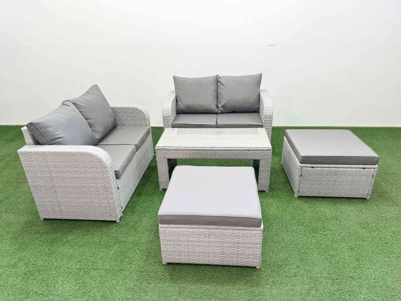 Fimous 6 Seater Outdoor Love Sofa Set Rattan Garden Furniture Set with Oblong Coffee Table 2 Footstool Light Grey