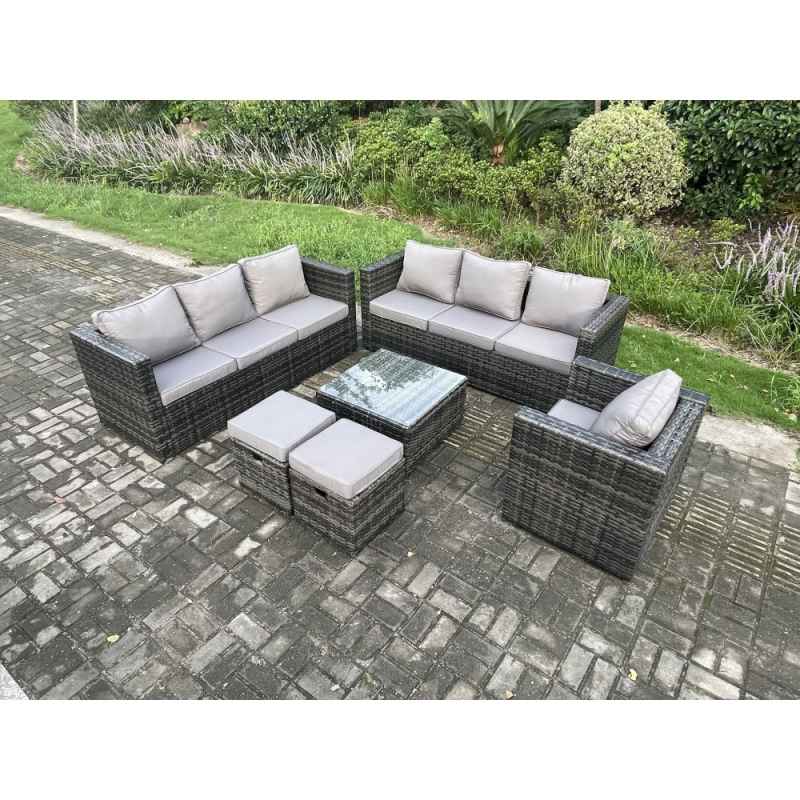 Fimous Rattan Garden Furniture Sofa Set with Armchair Square Coffee Table 2 Small Footstools Indoor Side Table Outdoor 9 Seater Rattan Set Dark Grey Mixed