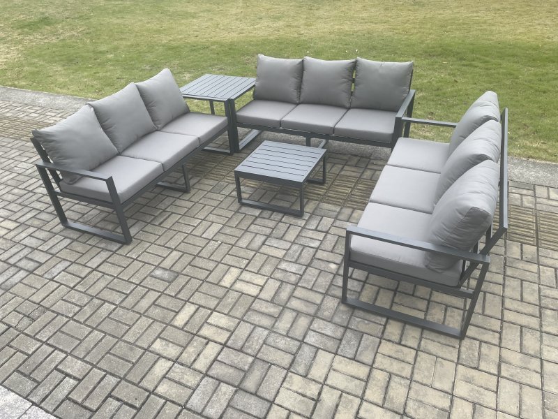 Fimous Aluminium 9 Seater Outdoor Garden Furniture Set Patio Lounge Sofa with Square Coffee Table Side Table Conservatory Set Dark Grey