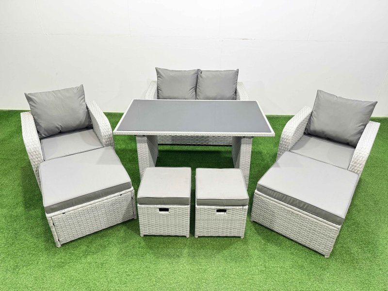 Fimous 8 Seater Patio Garden Furniture Sets with Dining Table Love Sofa 4 Stools Light Grey