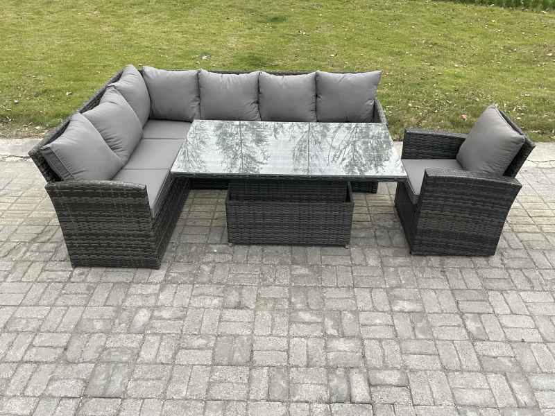 Fimous Wicker PE Outdoor Rattan Garden Furniture Set Height Adjustable Rising Lifting Table Sofa Dining Set with Armchair Dark Grey Mixed
