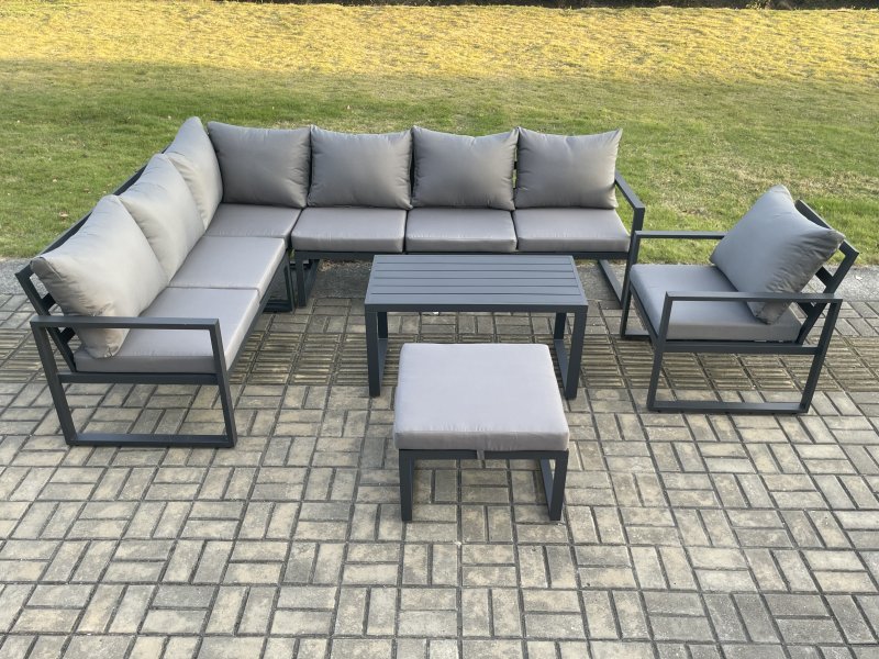 Fimous Aluminium Garden Furniture Set Outdoor Indoor Lounge Corner Sofa Chair Oblong Coffee Table Sets with Big Footstool Dark Grey