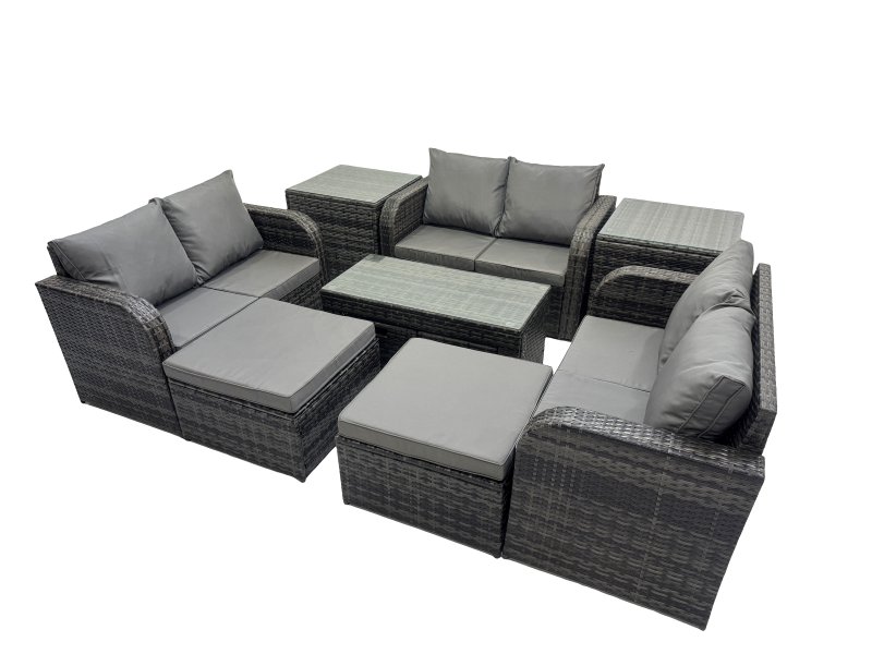 Fimous 3 Seater Sofa Reclining Chair Coffee Table Set Rattan Garden Outdoor Furniture Set with 2 Side Table 2 Big Footstools Dark Grey Mixed