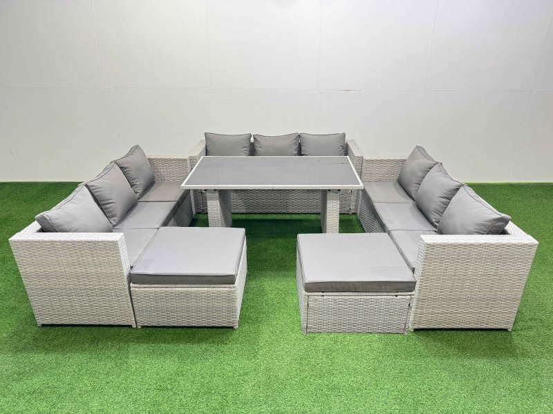 Fimous Patio Outdoor Garden Furniture Sets with Black Glass Top Dining Table 3 Seater Sofa 2 Big Stool Light Grey