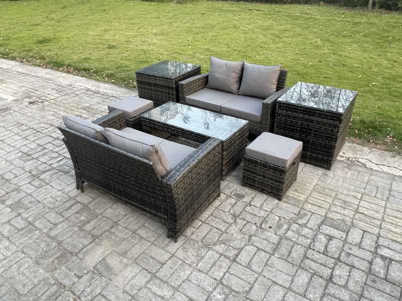 Fimous High Back Rattan Garden Furniture Sofa Sets with Rectangular Coffee Table 2 Side Tables 2 Small Footstools Dark Grey Mixed