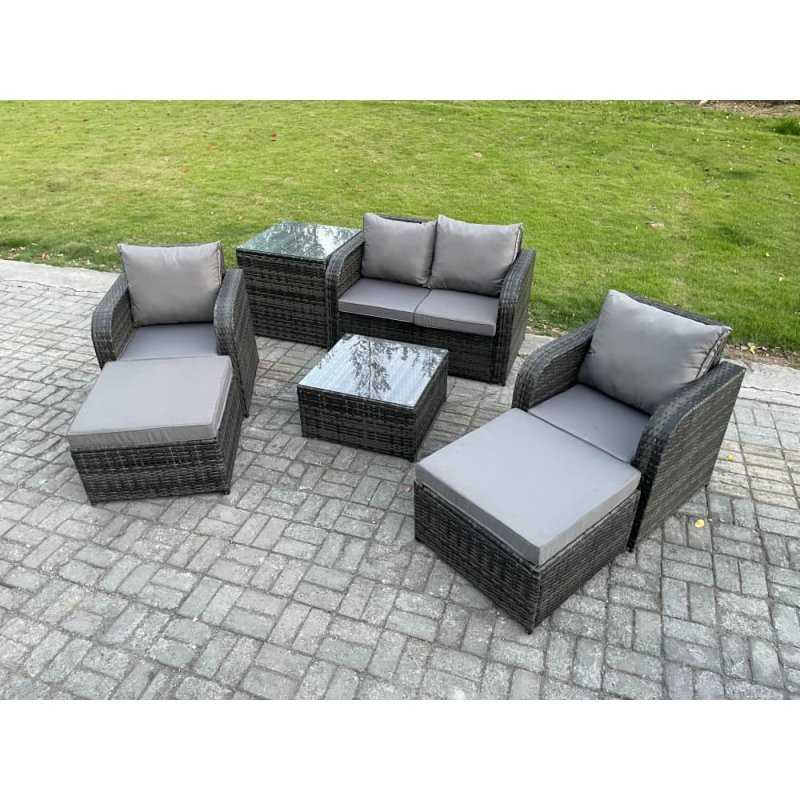 Fimous Rattan Garden Furniture Set Patio Conservatory Indoor Outdoor 6 Seater Set with Love Sofa Square Coffee Table 2 Big Footstool Side Table