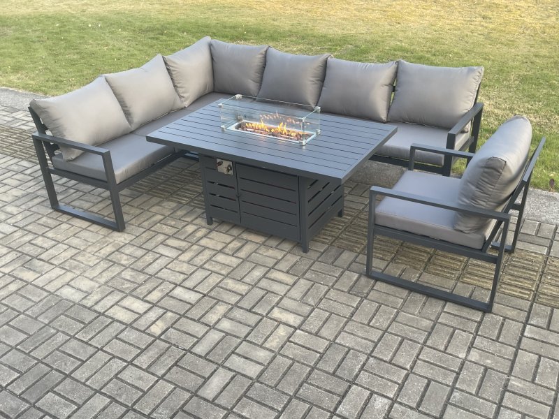 Fimous Aluminium Outdoor Garden Furniture Corner Sofa Gas Fire Pit Dining Table Sets Gas Heater Burner with Chair Dark Grey 7 Seater